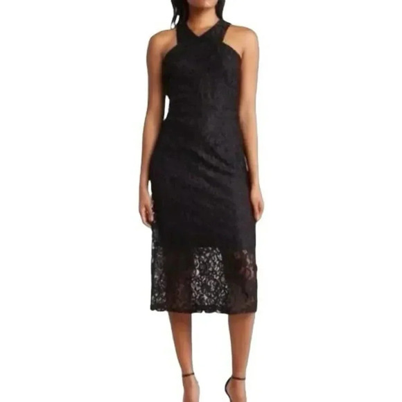 Sam Edelman Black Sleeveless Halter Neck Lace Midi Sheath Dress 2 - Picture 1 of 5